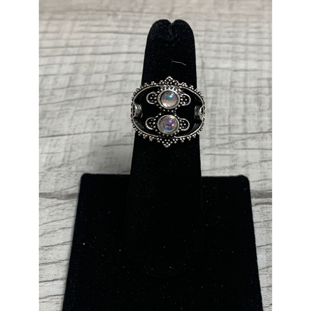 Boho Silver Tone Filigree Ring Double Faux Moonstone Iridescent Statement Size 7